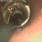 CCTV inspection view of tree root intruded drain pipe